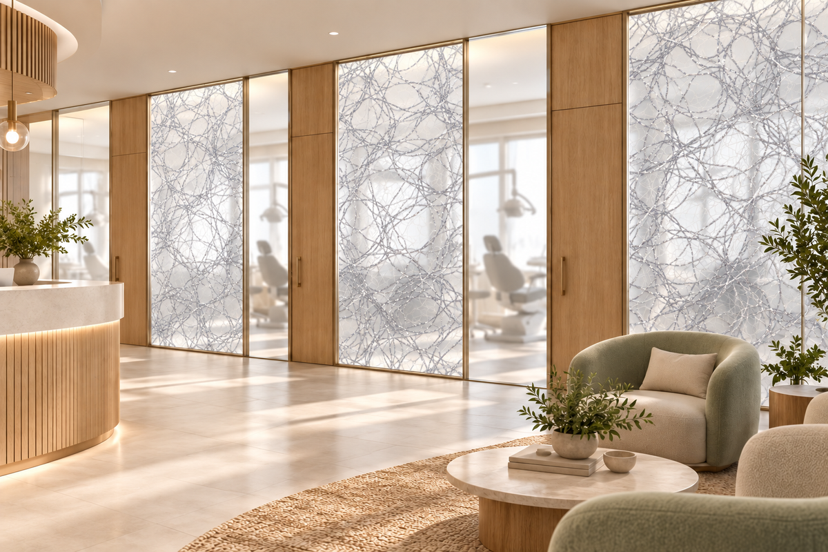 Fragmented Silver — dental office translucent privacy panels, application concept.