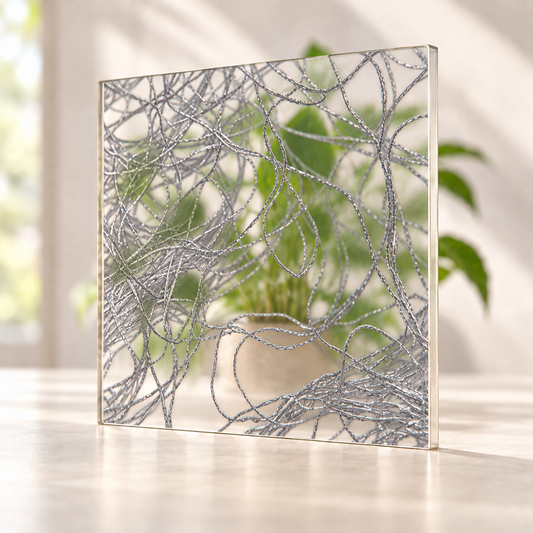 Fragmented Silver digitally printed textiles finish on a translucent frosted privacy panel, with daylight and softly diffused foliage visible through the panel.