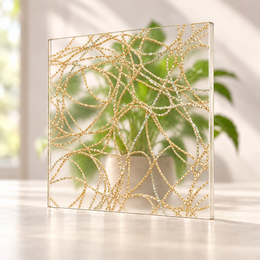 Glistening Gold digitally printed textiles finish on a translucent frosted privacy panel, with daylight and softly diffused foliage visible through the panel.