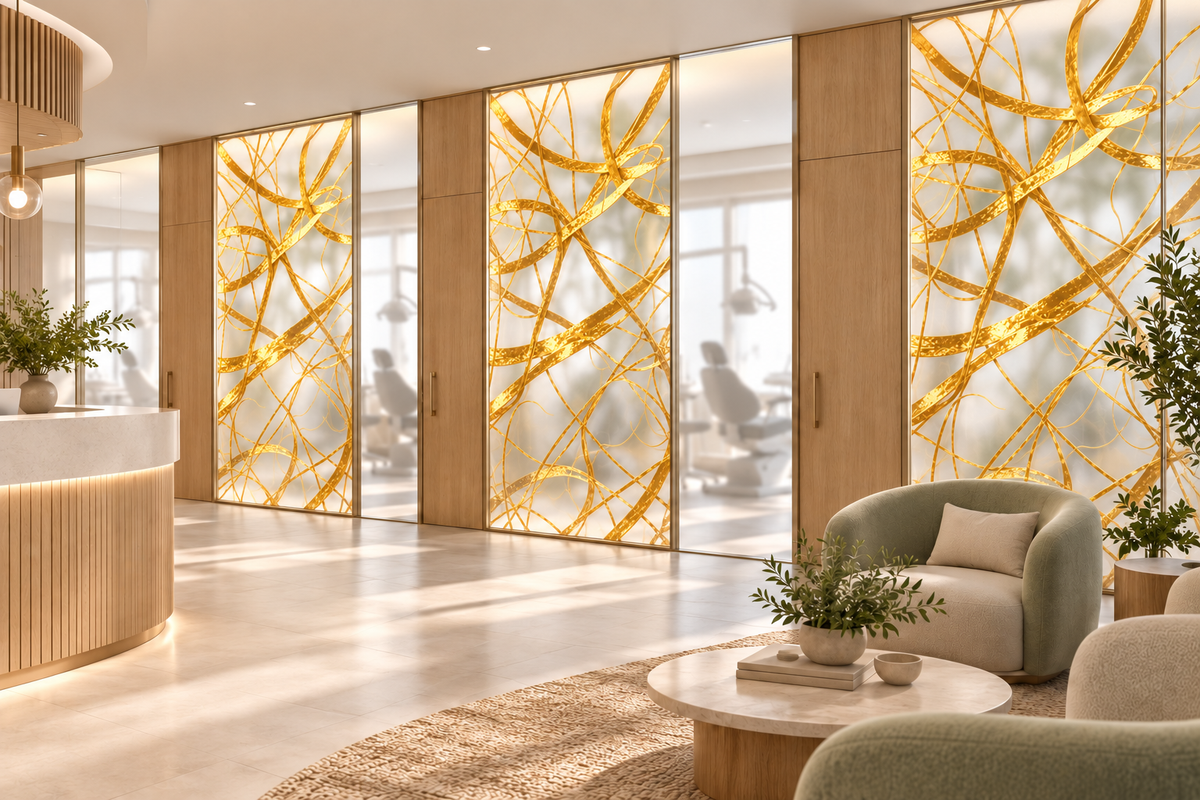 Gold Chain — dental office translucent privacy panels, application concept.