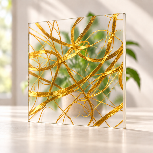 Gold Chain digitally printed textiles finish on a translucent frosted privacy panel, with daylight and softly diffused foliage visible through the panel.