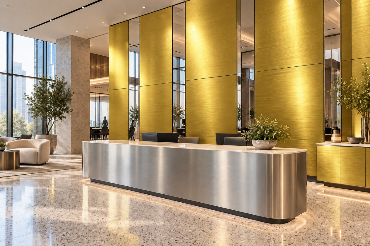 Illustrative office lobby with Gold Metallics wall panels and cabinet fronts, polished mirror accents and brushed silver reception furniture.