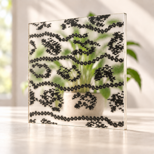 Gothic Stitch digitally printed textiles finish on a translucent frosted privacy panel, with daylight and softly diffused foliage visible through the panel.