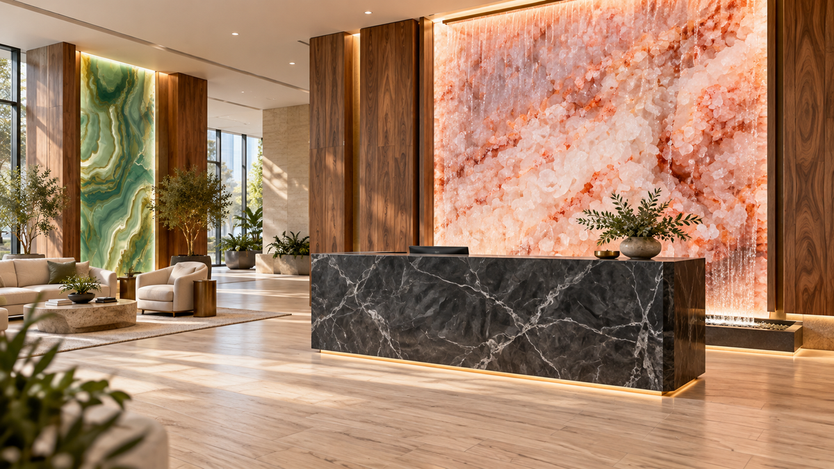 Lobby concept with White Oak flooring, glowing Salt Lamp waterfall panels and a Cobweb reception desk
