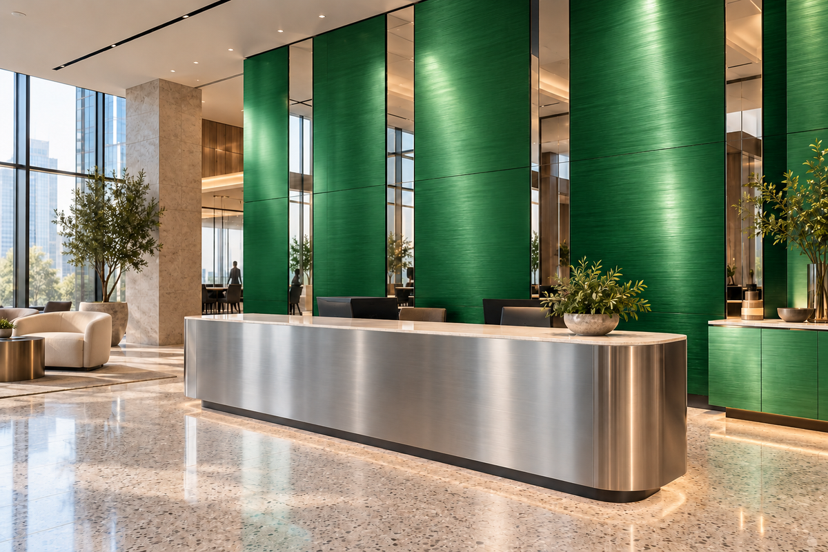 Illustrative office lobby with Green Metallics wall panels and cabinet fronts, polished mirror accents and brushed silver reception furniture.