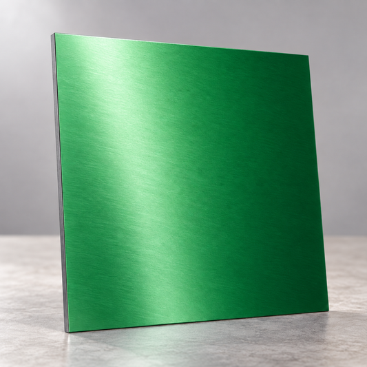 Green Metallics illustrative sample chip under overhead lighting, showing a reflective brushed finish.
