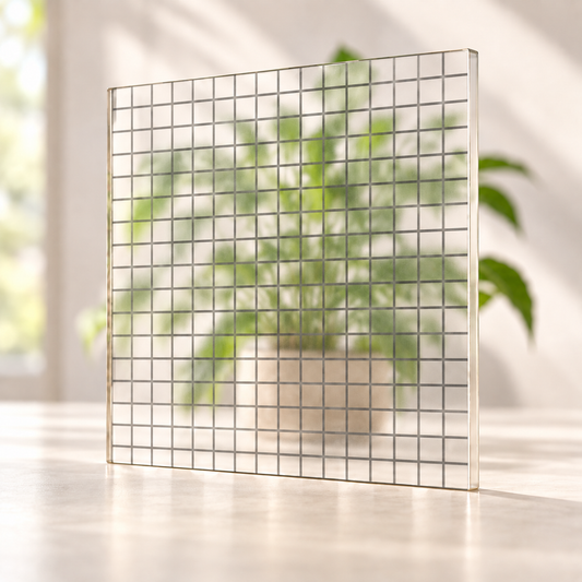 Gridlock printed pattern on a translucent frosted panel, with softly diffused foliage visible through the unprinted spaces.