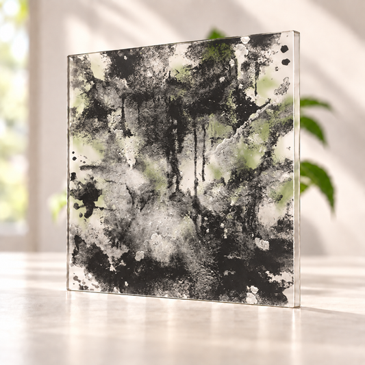 Grunge digitally printed on a translucent Daycora sample panel, with light visible through the finish.