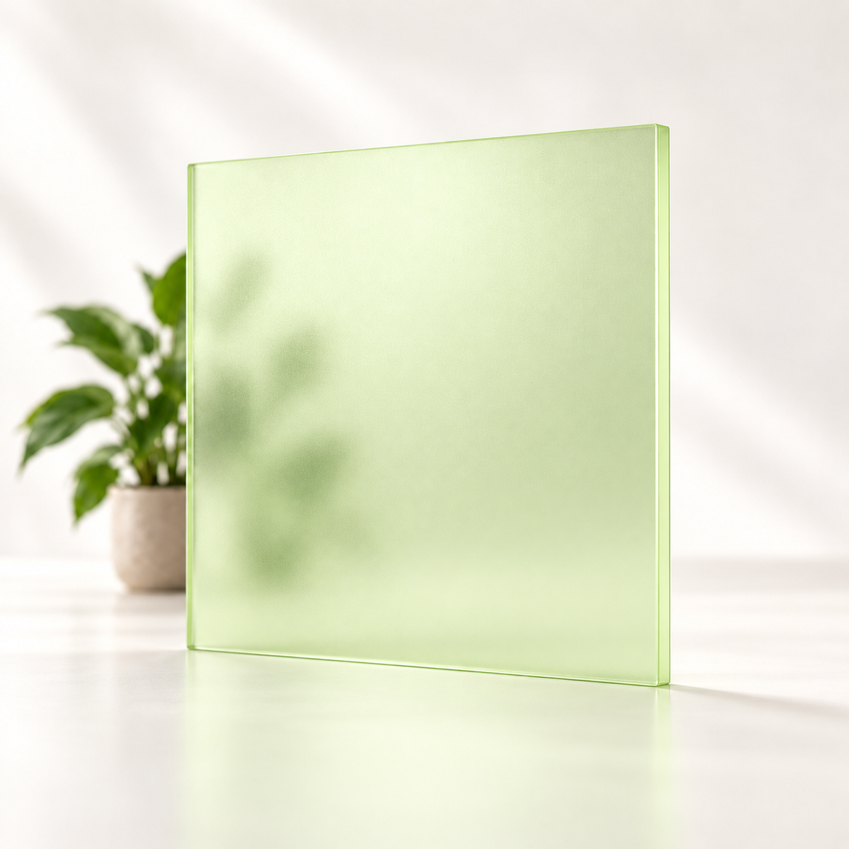 Concept rendering of Daycora Keylime translucent frosted sample panel diffusing light and obscuring a plant silhouette.