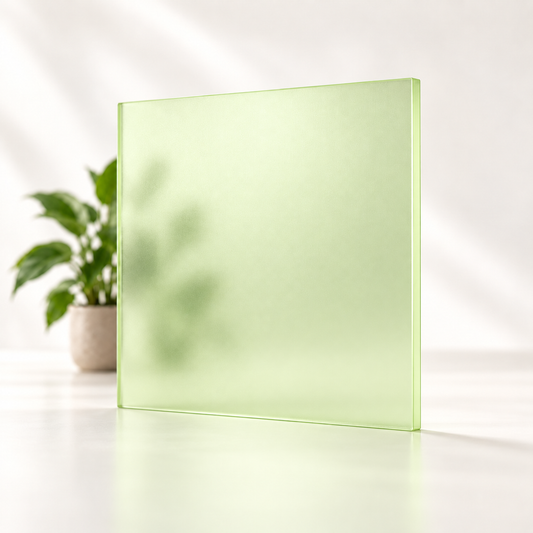 Concept rendering of Daycora Keylime translucent frosted sample panel diffusing light and obscuring a plant silhouette.