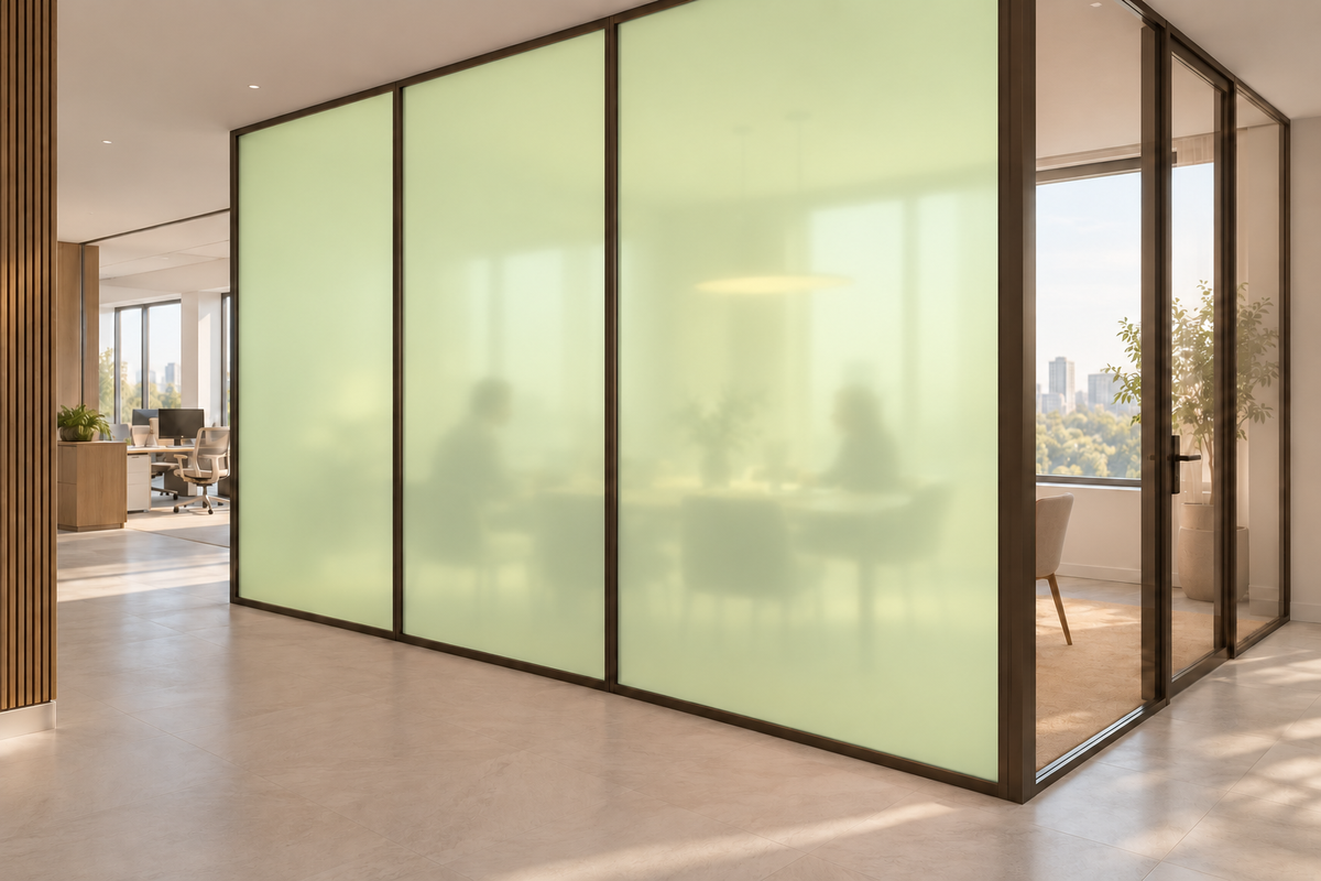 Concept rendering of Daycora Keylime frosted panels forming an office meeting-room privacy partition.