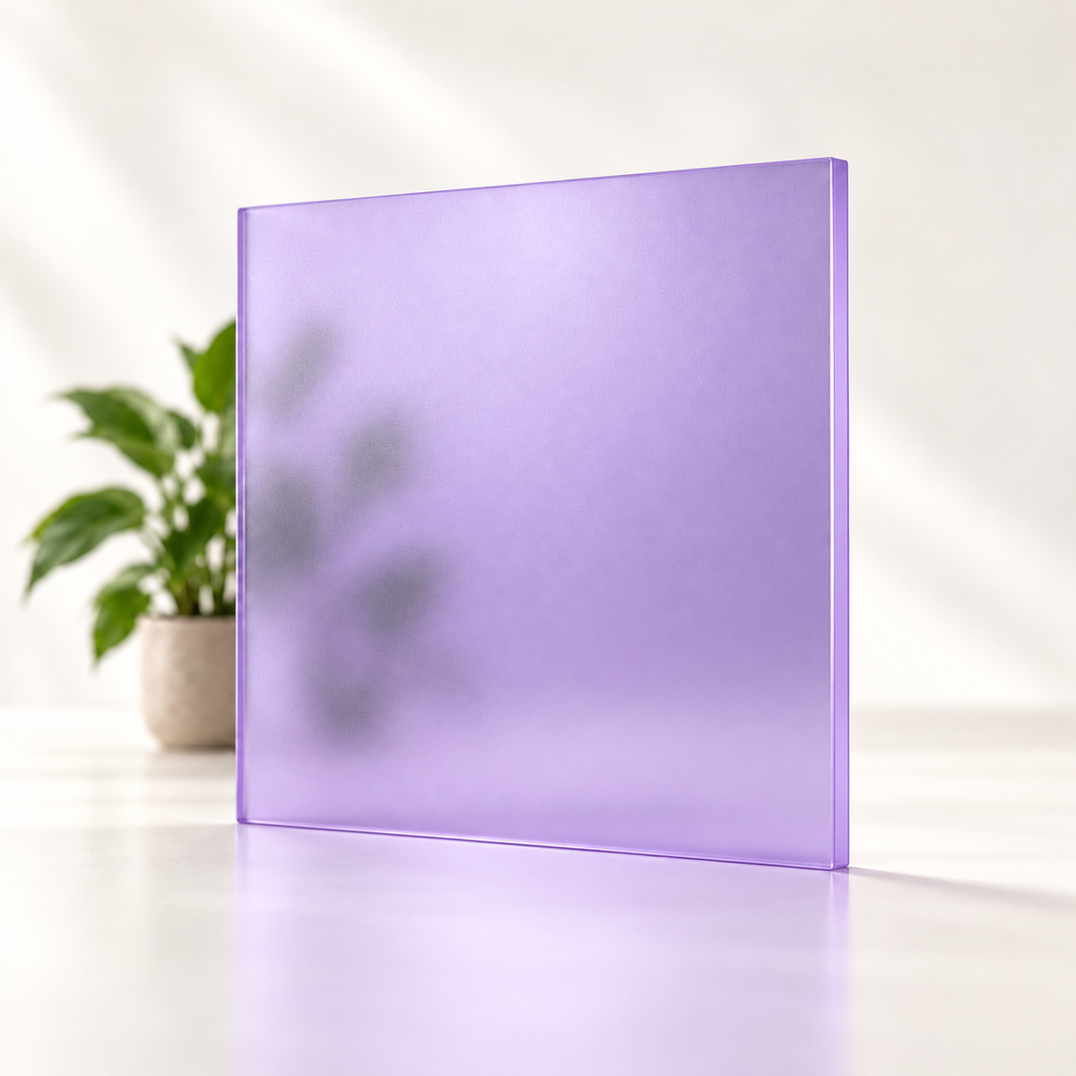 Concept rendering of Daycora LAVENDER translucent frosted sample panel diffusing light and obscuring a plant silhouette.