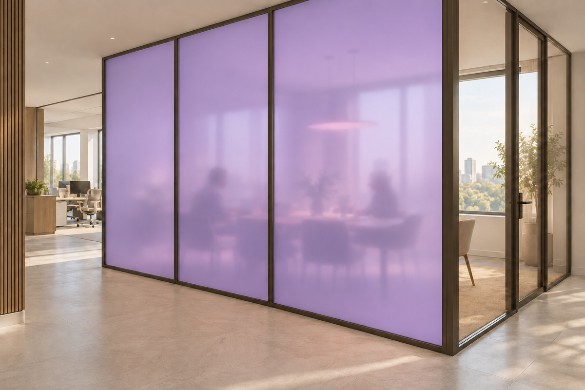 Concept rendering of Daycora LAVENDER frosted panels forming an office meeting-room privacy partition.