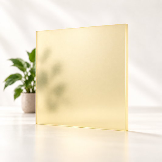 Concept rendering of Daycora Lemon Meringue translucent frosted sample panel diffusing light and obscuring a plant silhouette.