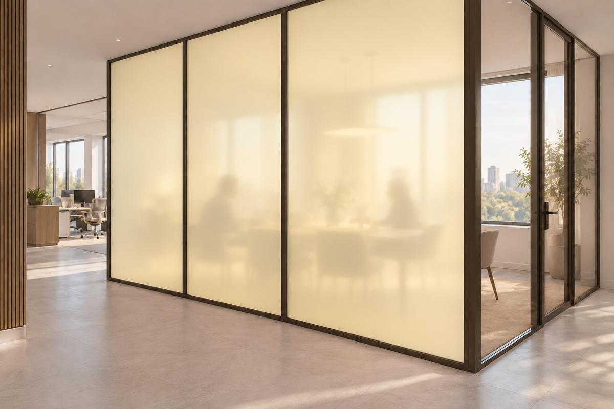 Concept rendering of Daycora Lemon Meringue frosted panels forming an office meeting-room privacy partition.