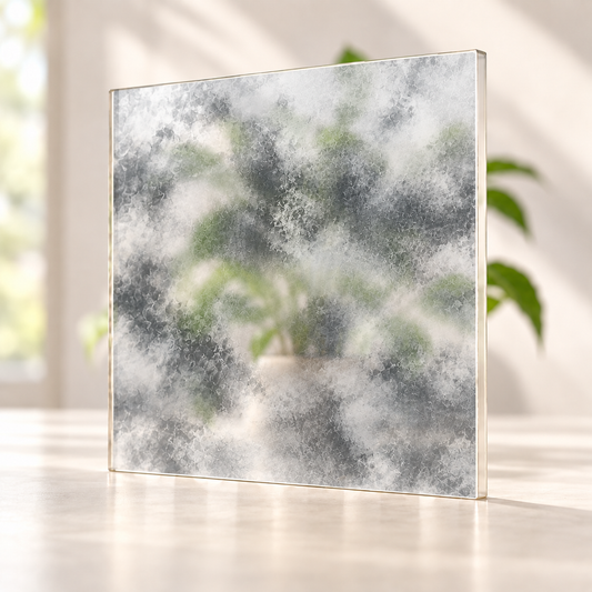 London Fog digitally printed nature finish on a translucent frosted privacy panel, with daylight and softly diffused foliage visible through the panel.