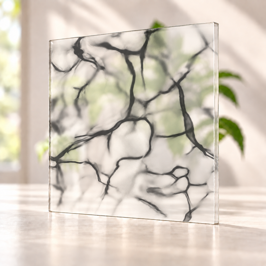 Marble digitally printed on a translucent Daycora sample panel, with light visible through the finish.