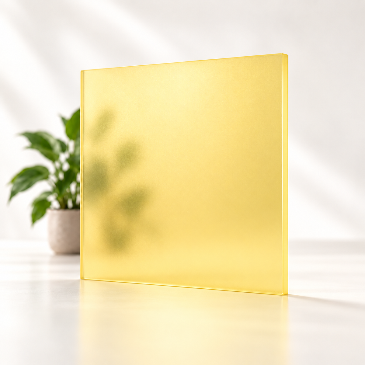 Concept rendering of Daycora Margarin translucent frosted sample panel diffusing light and obscuring a plant silhouette.