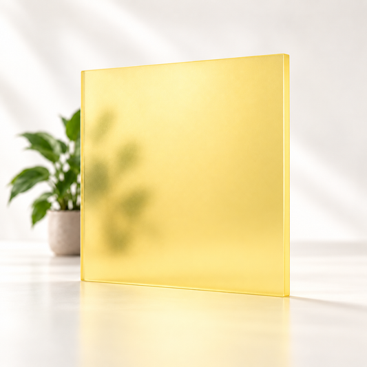 Concept rendering of Daycora Margarin translucent frosted sample panel diffusing light and obscuring a plant silhouette.
