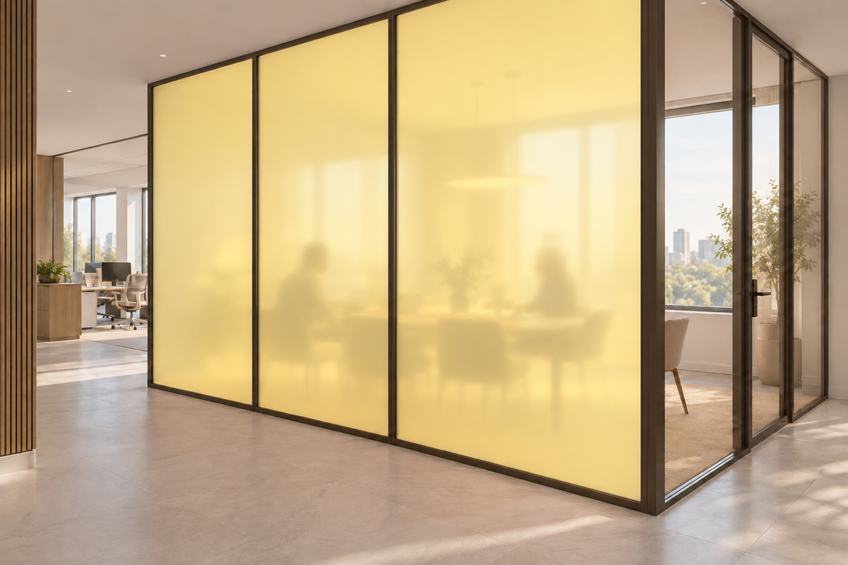 Concept rendering of Daycora Margarin frosted panels forming an office meeting-room privacy partition.