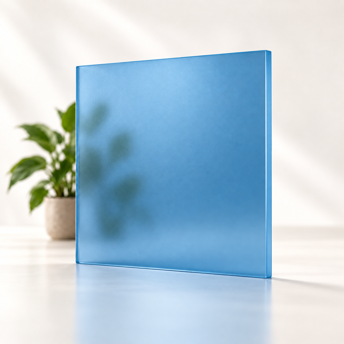 Concept rendering of Daycora Marina translucent frosted sample panel diffusing light and obscuring a plant silhouette.