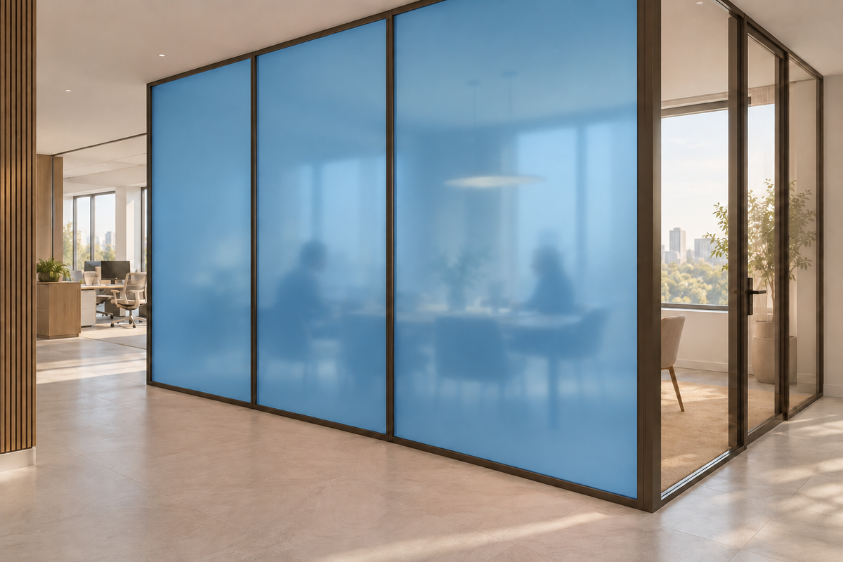 Concept rendering of Daycora Marina frosted panels forming an office meeting-room privacy partition.