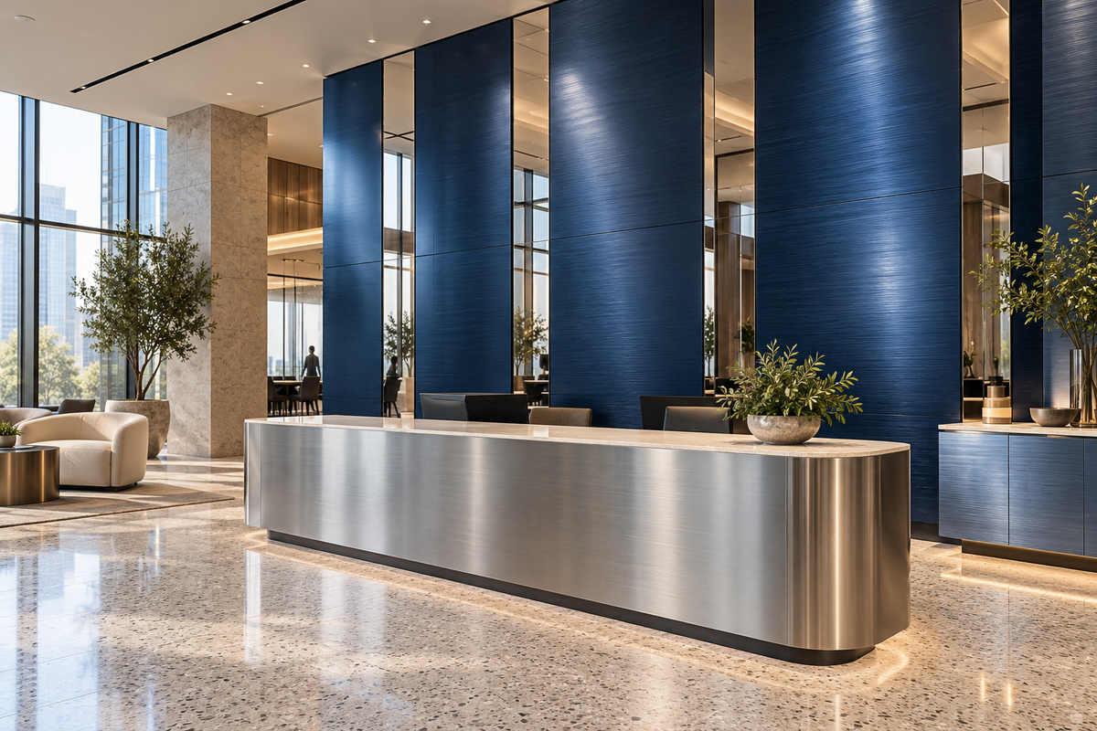 Illustrative office lobby concept with brushed silver furniture, blue metallic wall coverings and polished mirror accents.
