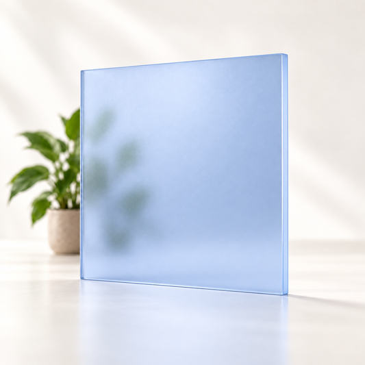 Concept rendering of Daycora Mirage translucent frosted sample panel diffusing light and obscuring a plant silhouette.