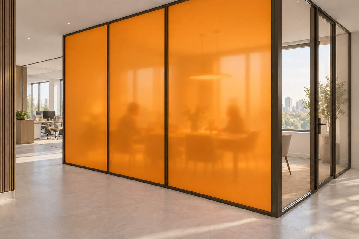 Concept rendering of Daycora Monarch frosted panels forming an office meeting-room privacy partition.