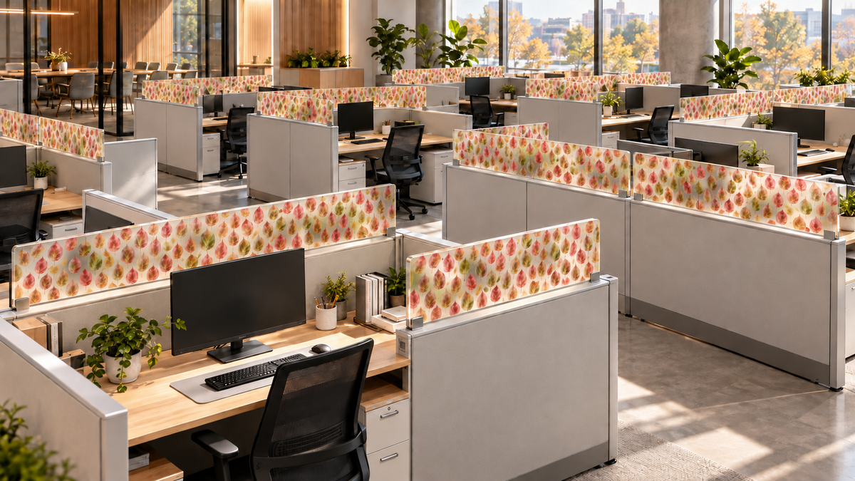 Daycora nature-inspired translucent desk privacy screens with small repeating leaves.