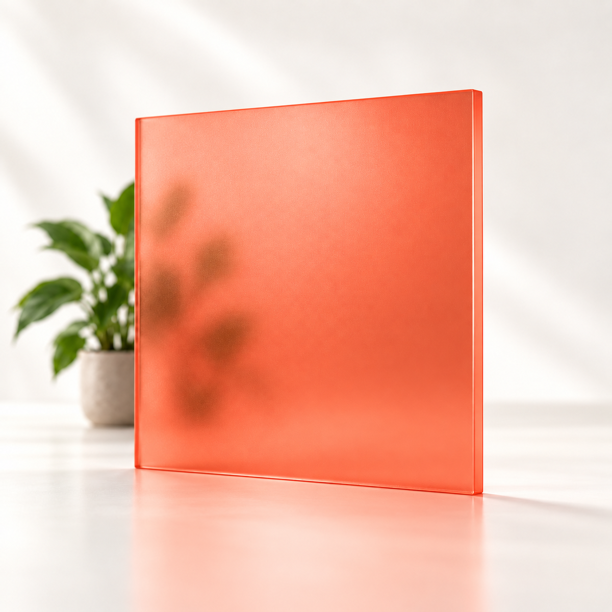 Concept rendering of Daycora Nectarine translucent frosted sample panel diffusing light and obscuring a plant silhouette.
