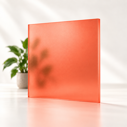 Concept rendering of Daycora Nectarine translucent frosted sample panel diffusing light and obscuring a plant silhouette.