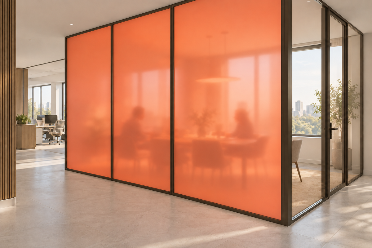 Concept rendering of Daycora Nectarine frosted panels forming an office meeting-room privacy partition.