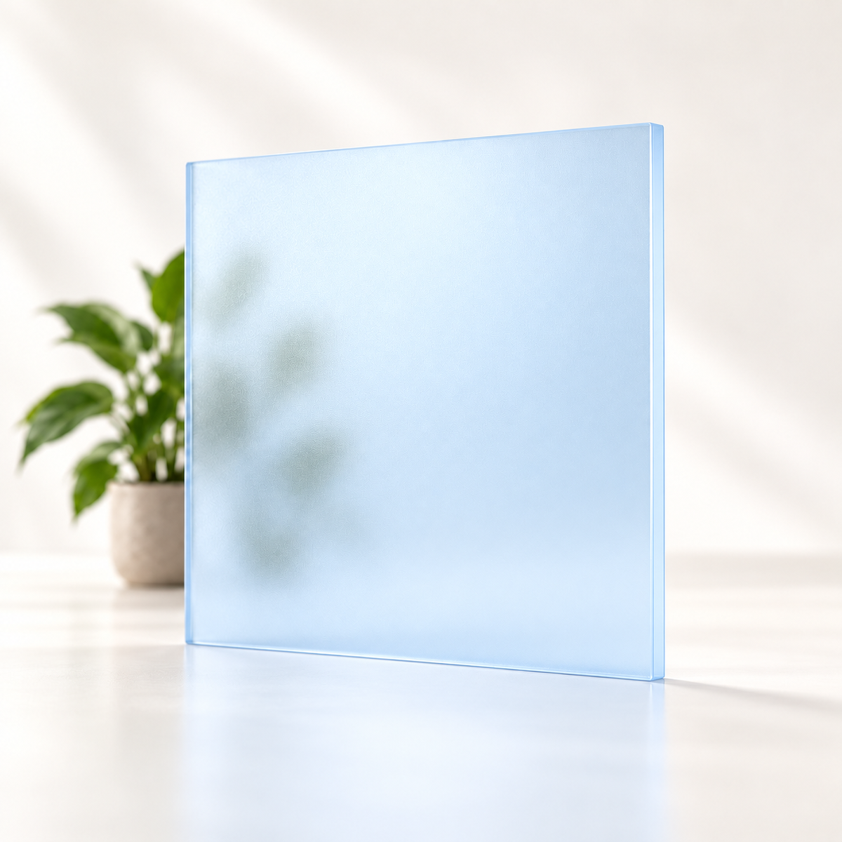 Concept rendering of Daycora Opal translucent frosted sample panel diffusing light and obscuring a plant silhouette.