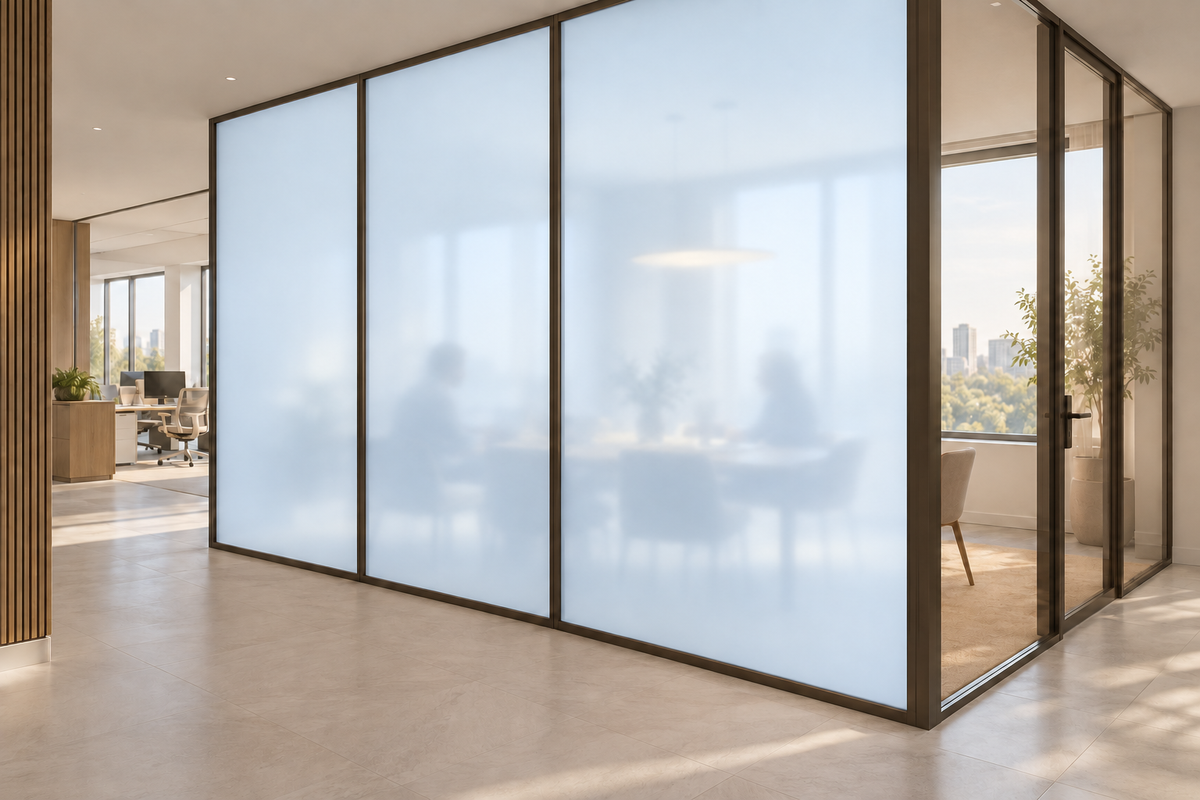 Concept rendering of Daycora Opal frosted panels forming an office meeting-room privacy partition.