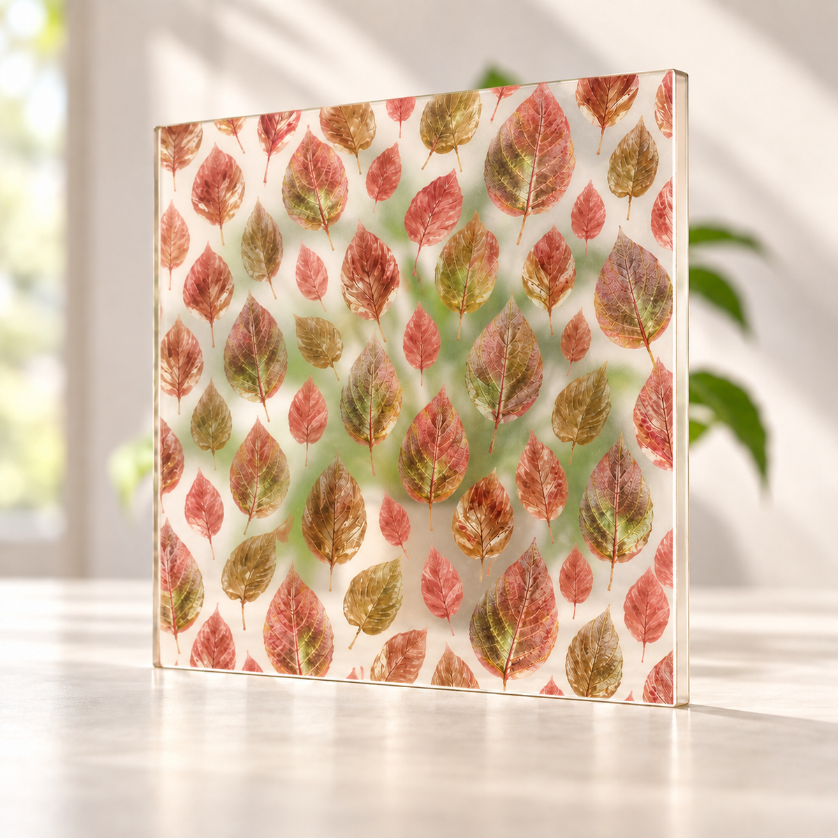 Patterned Leaves digitally printed nature finish on a translucent frosted privacy panel, with daylight and softly diffused foliage visible through the panel.