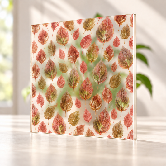 Patterned Leaves digitally printed nature finish on a translucent frosted privacy panel, with daylight and softly diffused foliage visible through the panel.