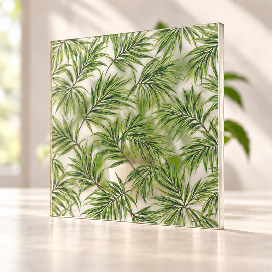 Patterned Palms digitally printed nature finish on a translucent frosted privacy panel, with daylight and softly diffused foliage visible through the panel.
