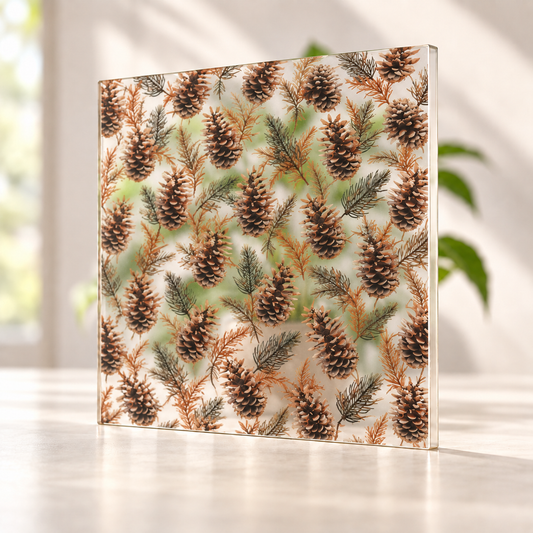 Patterned Pinecone digitally printed nature finish on a translucent frosted privacy panel, with daylight and softly diffused foliage visible through the panel.