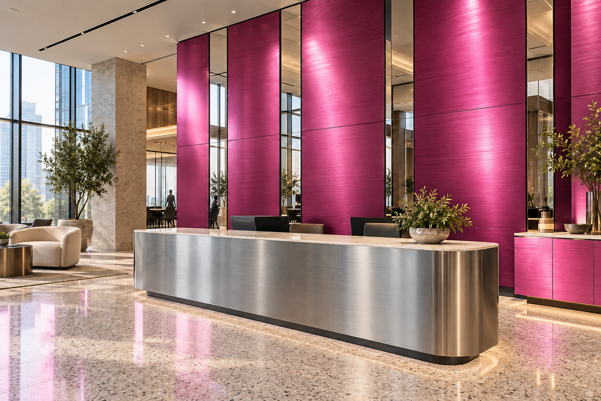 Illustrative office lobby with Pink Metallics wall panels and cabinet fronts, polished mirror accents and brushed silver reception furniture.