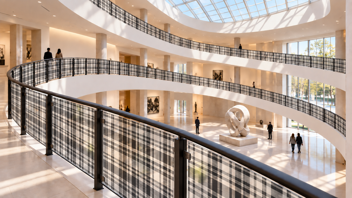 Plaid printed on translucent frosted railing panels in a museum lobby.