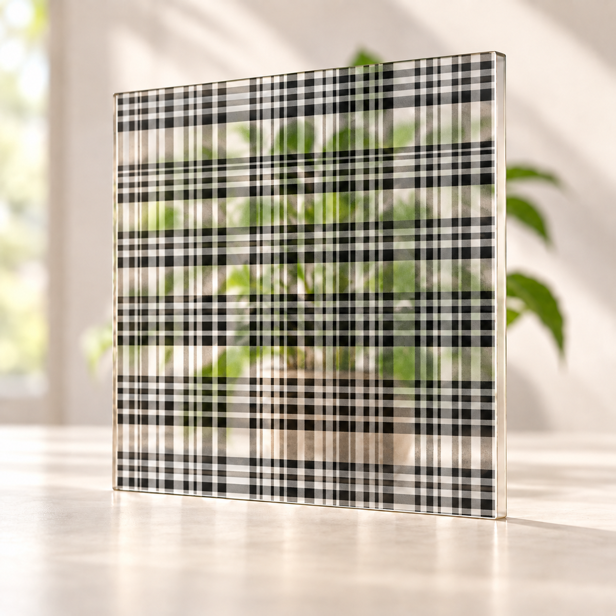 Plaid printed pattern on a translucent frosted panel, with softly diffused foliage visible through the unprinted spaces.