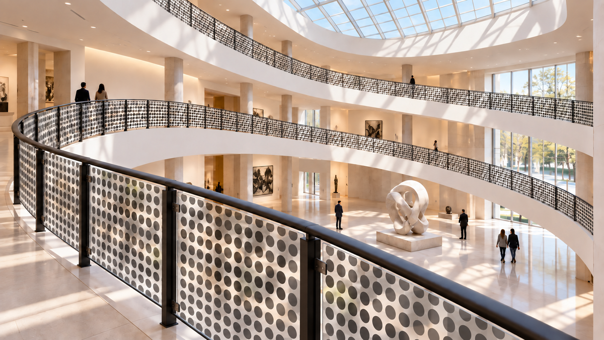 Polka Dot printed on translucent frosted railing panels in a museum lobby.