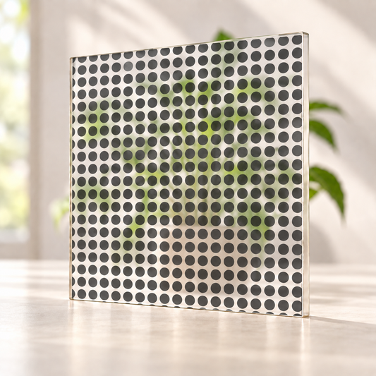 Polka Dot printed pattern on a translucent frosted panel, with softly diffused foliage visible through the unprinted spaces.