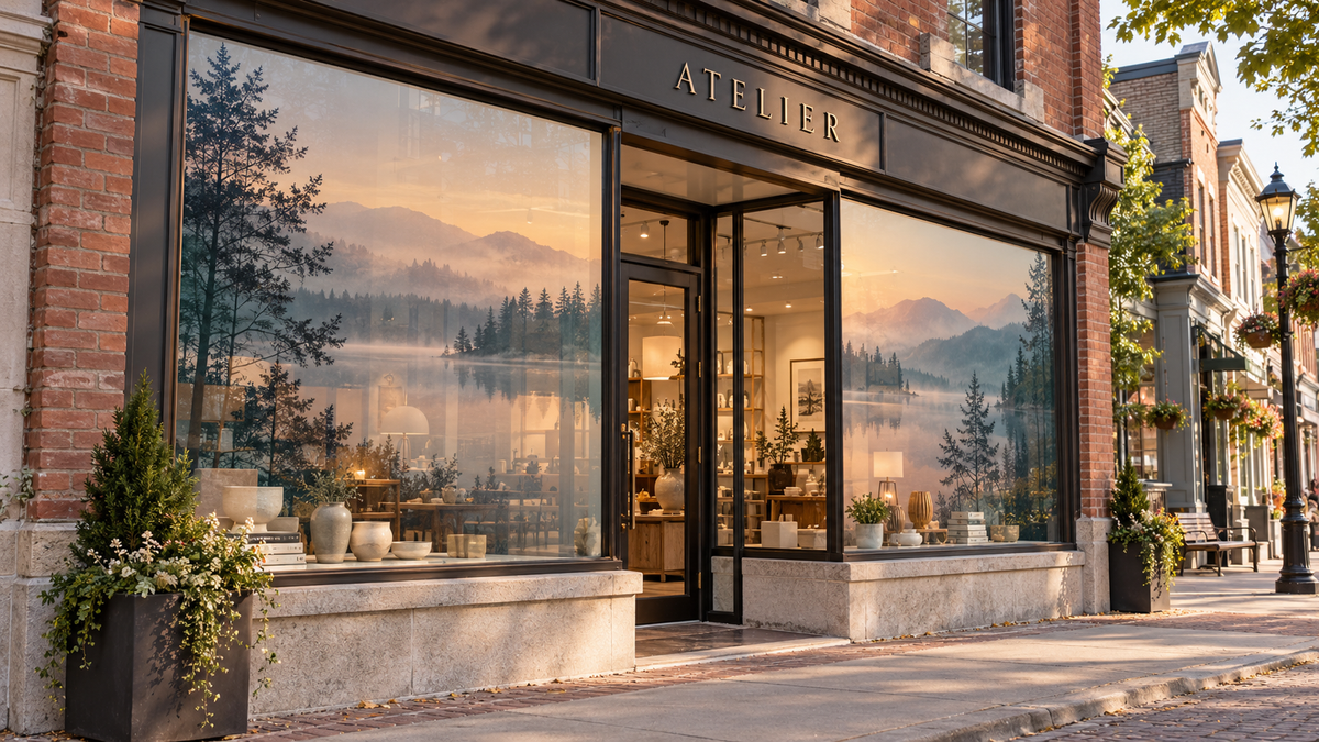 Custom photographic imagery printed on translucent privacy panels in a boutique storefront.