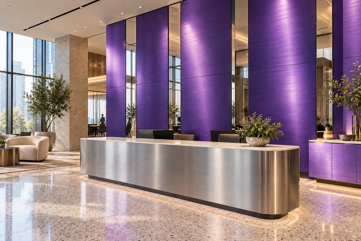 Illustrative office lobby with Purple Metallics wall panels and cabinet fronts, polished mirror accents and brushed silver reception furniture.