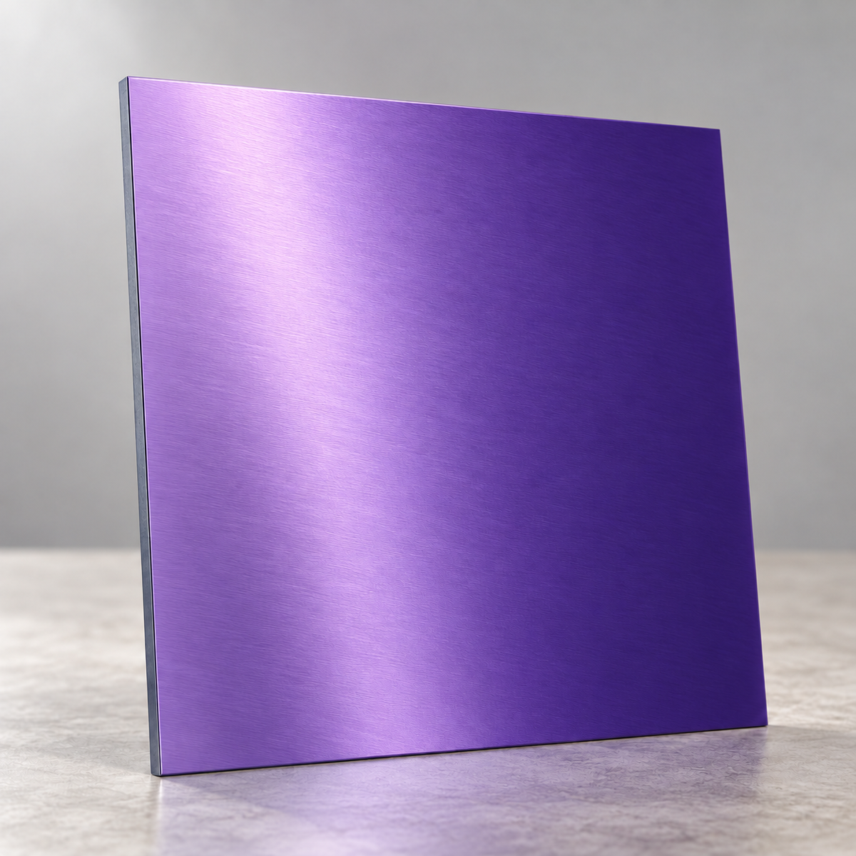 Purple Metallics illustrative sample chip under overhead lighting, showing a reflective brushed finish.