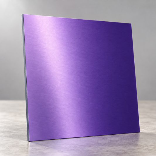 Purple Metallics illustrative sample chip under overhead lighting, showing a reflective brushed finish.