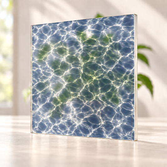 Ripple Effect digitally printed nature finish on a translucent frosted privacy panel, with daylight and softly diffused foliage visible through the panel.