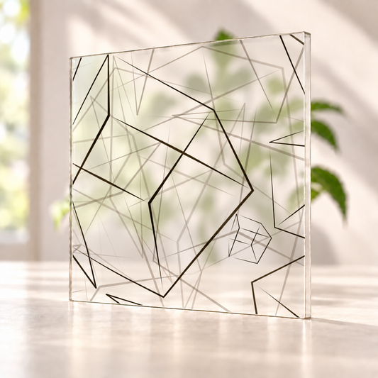 Roll the Dice digitally printed on a translucent Daycora sample panel, with light visible through the finish.